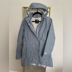 The North Face Chambray Light Blue Hooded Trench Raincoat, Size XL